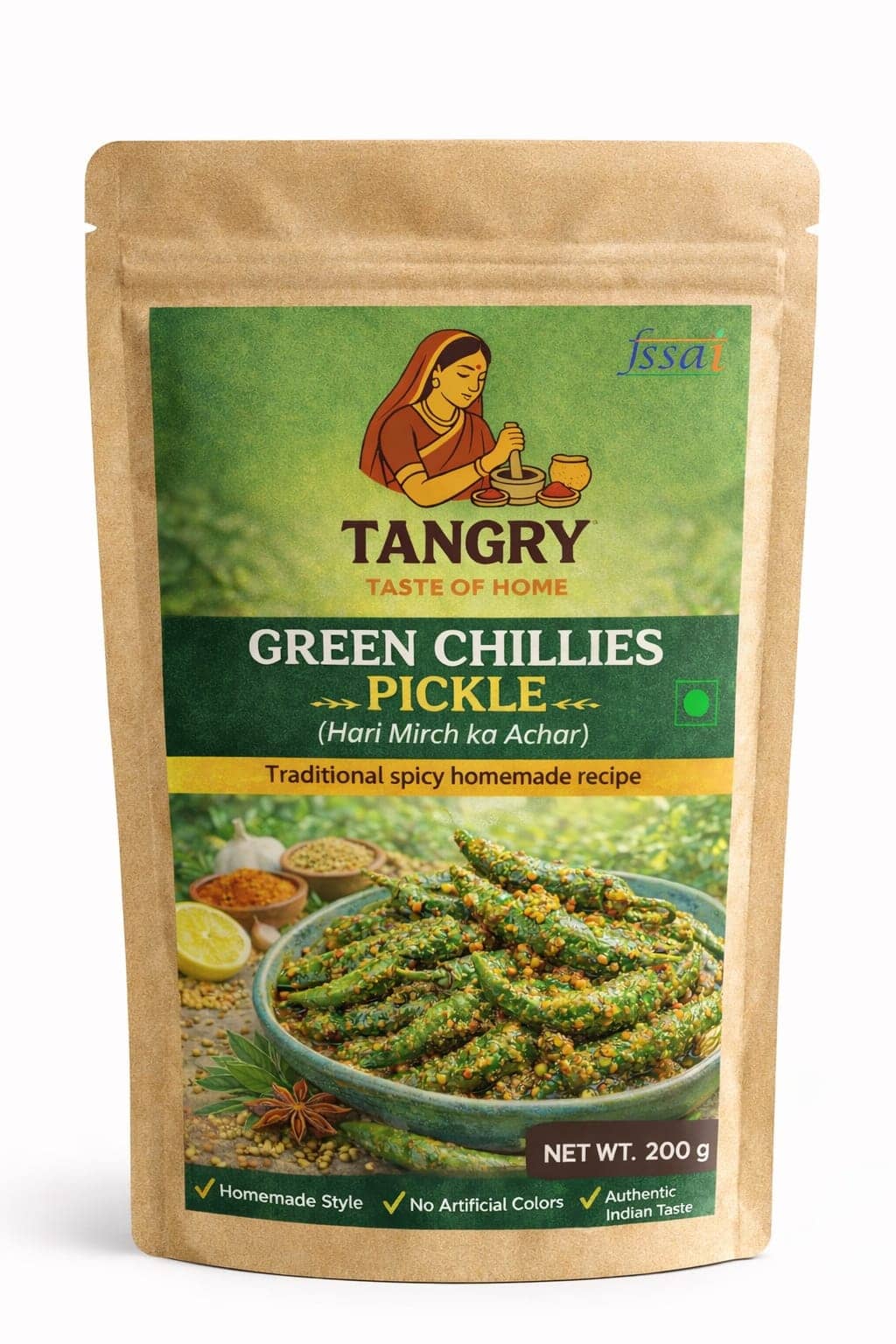 Green Chilli Pickle 200 g — Tangry Spices pouch, Jaipur